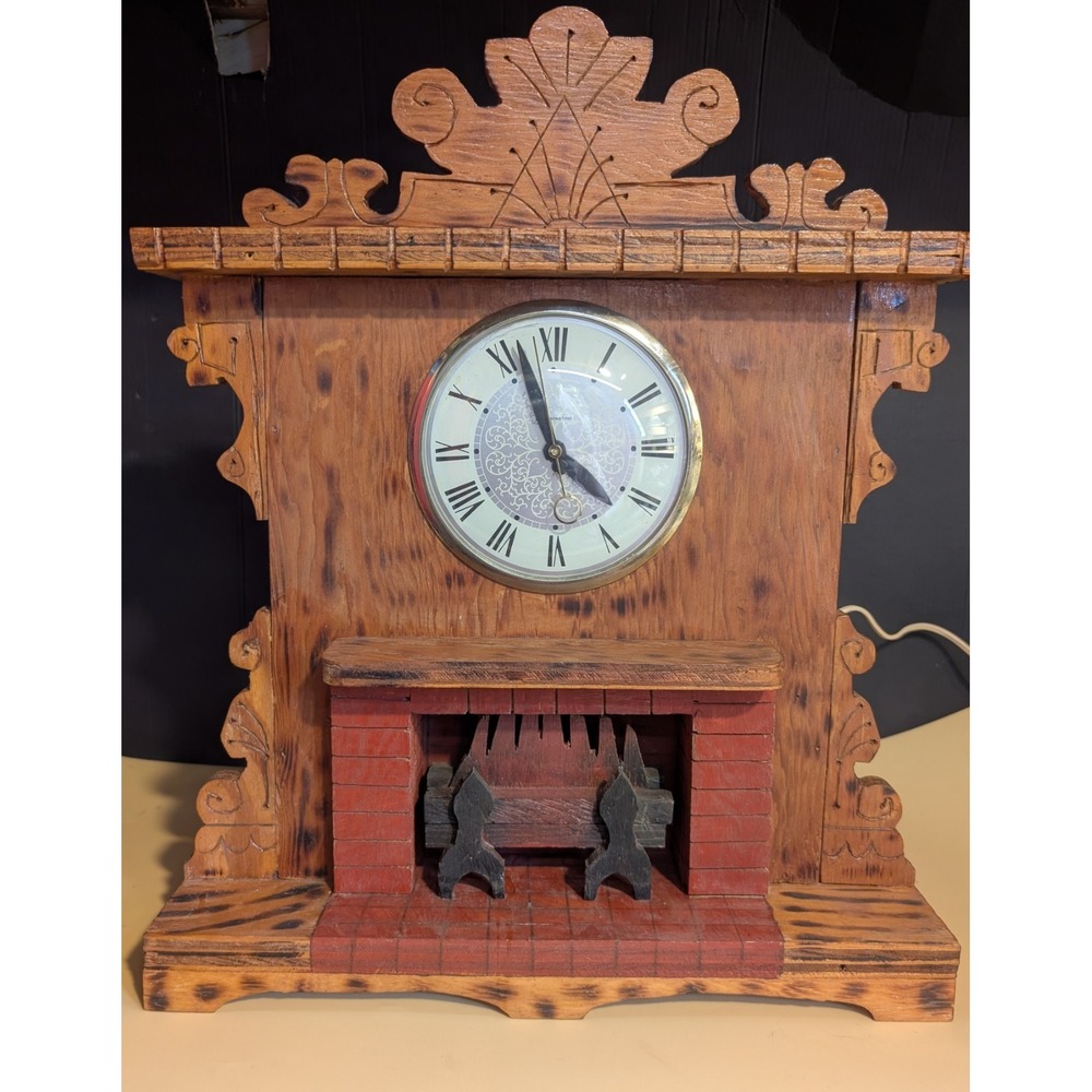 Vintage Folk Art Electric Fireplace Mantel Clock 18x15x4 Wood Work Hearth Works